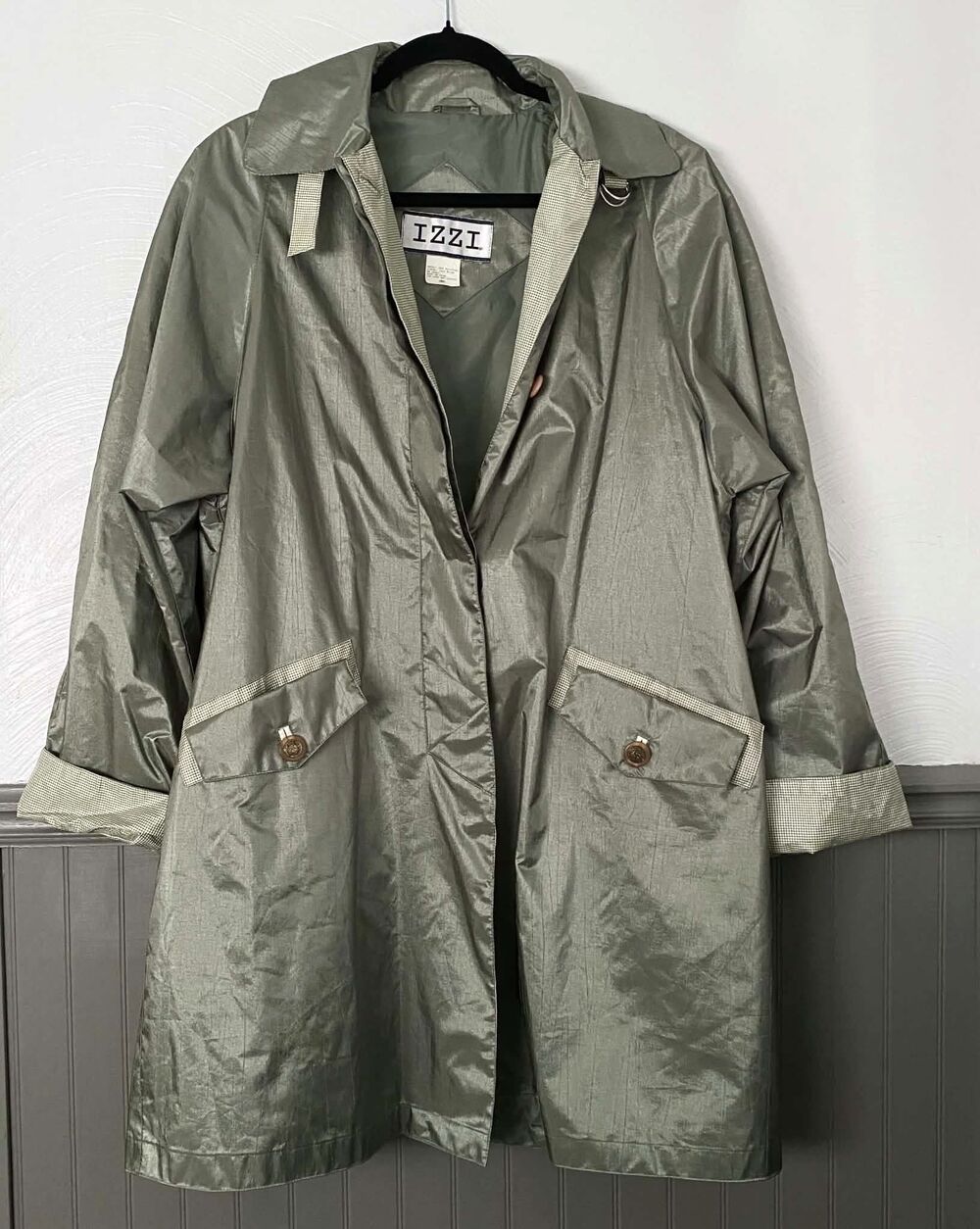 Vintage IZZI Metallic Olive Green Trench Coat Gingham Trim Button Long Coat